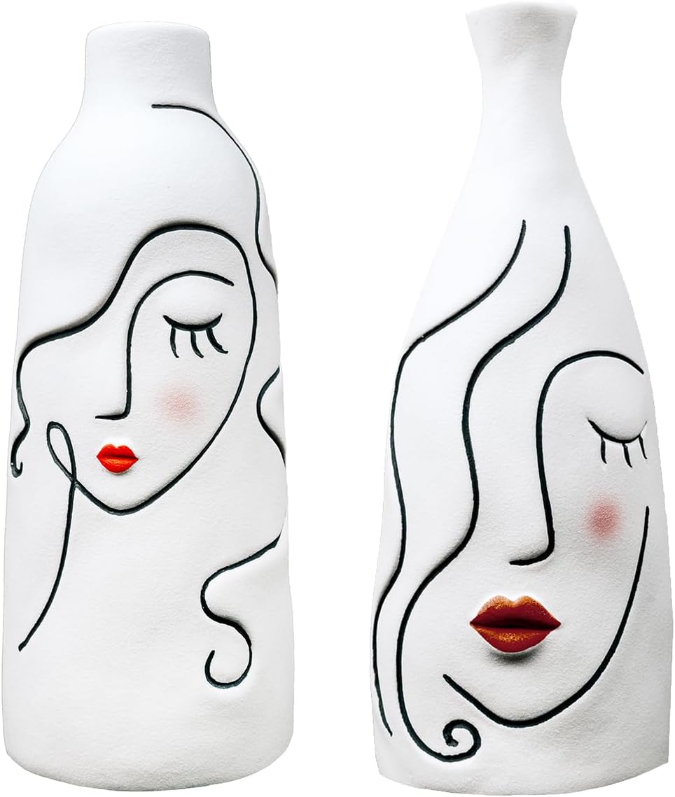 SANFERGE Juego de 2 jarrones de cerámica, color blanco mate con forma femenina con grabado de línea negra, cabeza de cara con colorete y labios
