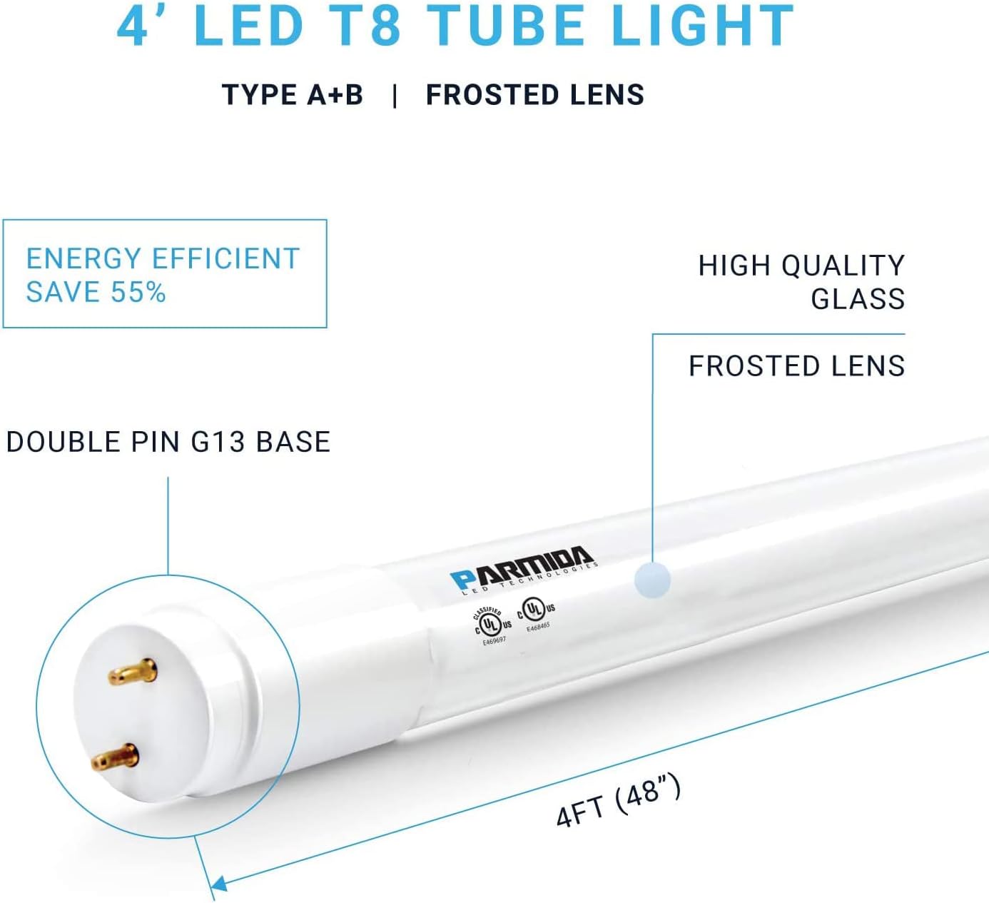 Tubo de luz LED T8, 4 pies, 18 W, cubierta esmerilada, tipo A+B, Plug and Play