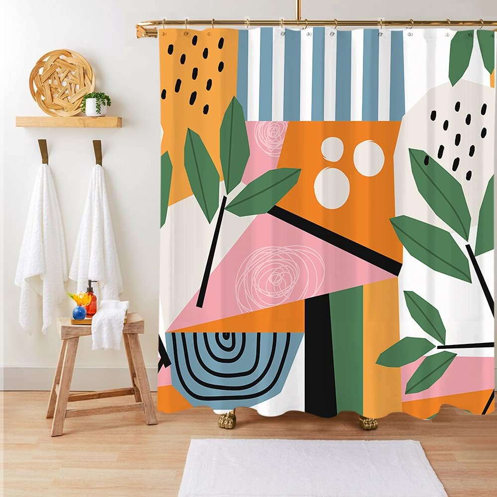 Miyotaa Juego de cortina de ducha abstracta minimalista y contemporánea, 60 pulgadas de ancho x 71 pulgadas de alto, diseño geométrico de hojas