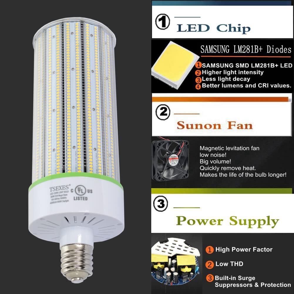 Bombilla LED de maíz equivalente a 1000 W con certificación UL, base Mogul E39 de 300 W, 42,000 lúmenes de repuesto de haluro metálicoHIDHPS, luz