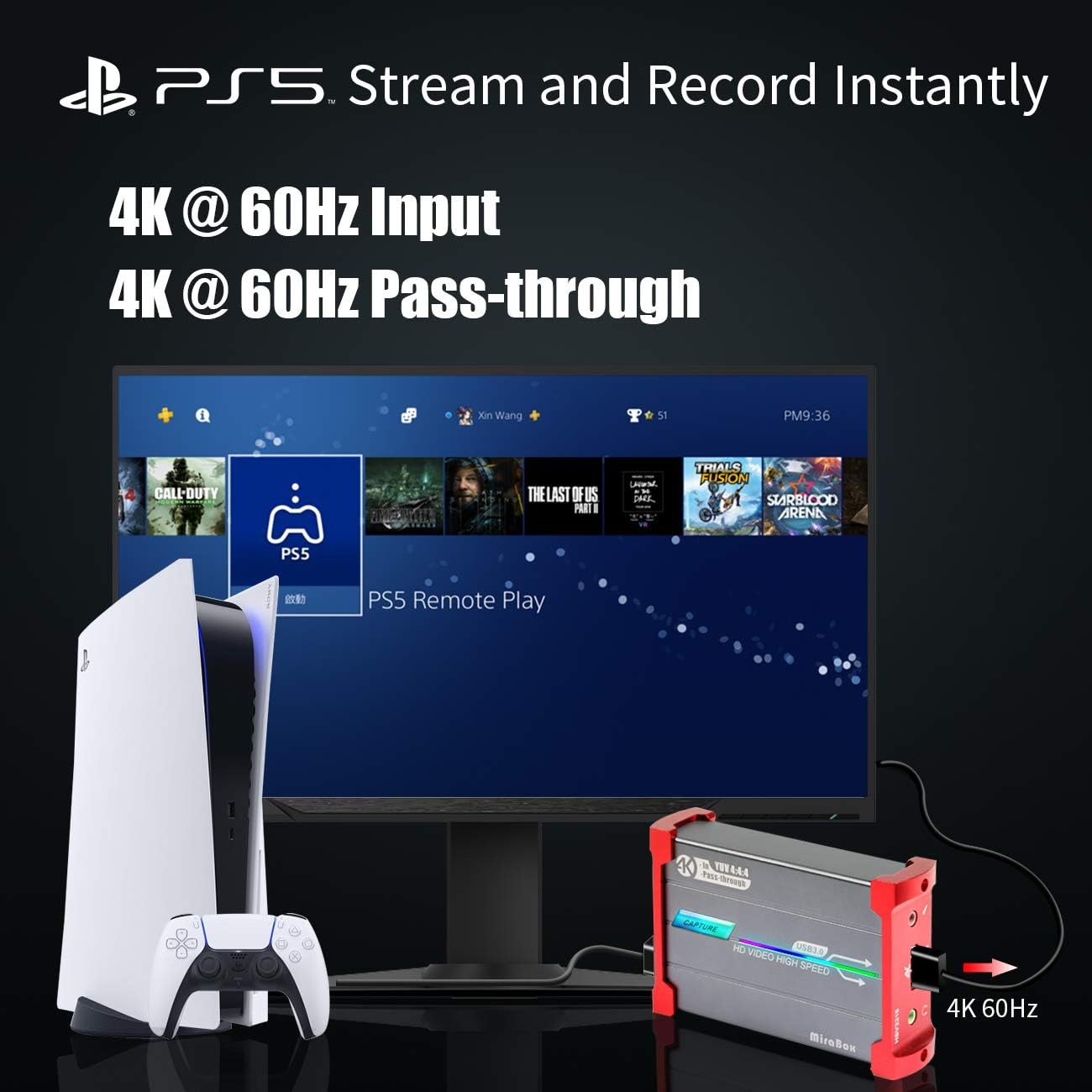 Mirabox Tarjeta de captura 4K para Nintendo Switch con entrada de 4K a 60Hz y paso, 1080P 60FPS USB3.0 transmisión en vivo y grabación, Camlink para
