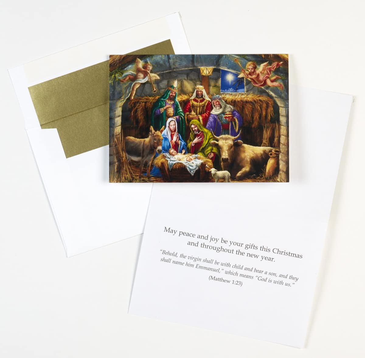 Vermont Christmas Company Caja de tarjetas de Navidad “In the Manger” – 15 tarjetas y 16 sobres de papel de aluminio