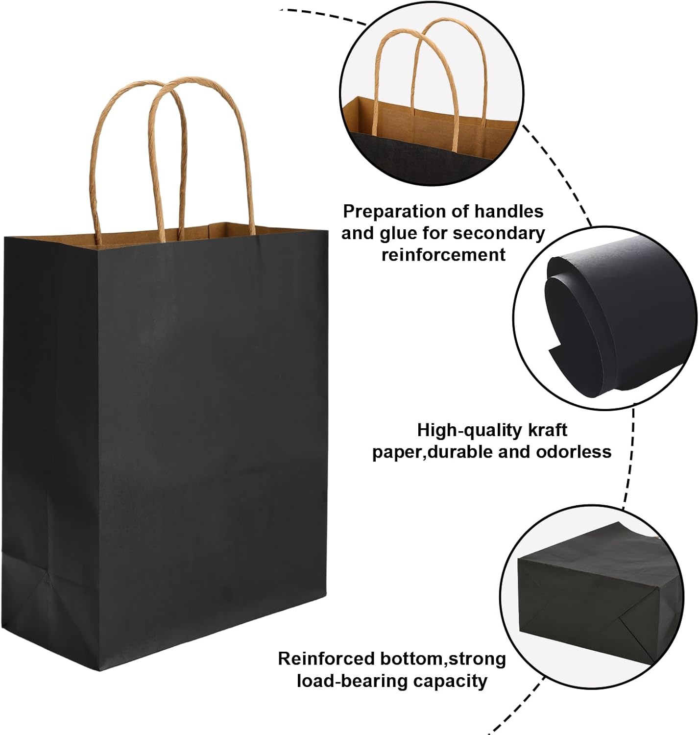 Moretoes 75 bolsas de regalo negras de 8 x 4 x 10 pulgadas, tamaño mediano a granel, bolsas de papel con asas, bolsas de regalo para pequeñas