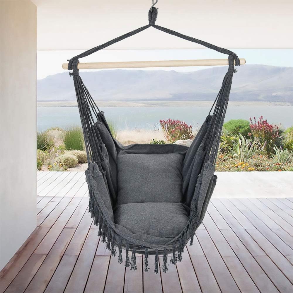 Hamaca colgante de cuerda para interiores con capacidad máxima de 330 libras con 2 cojines y bolsillo lateral grande para mayor comodidad con juego