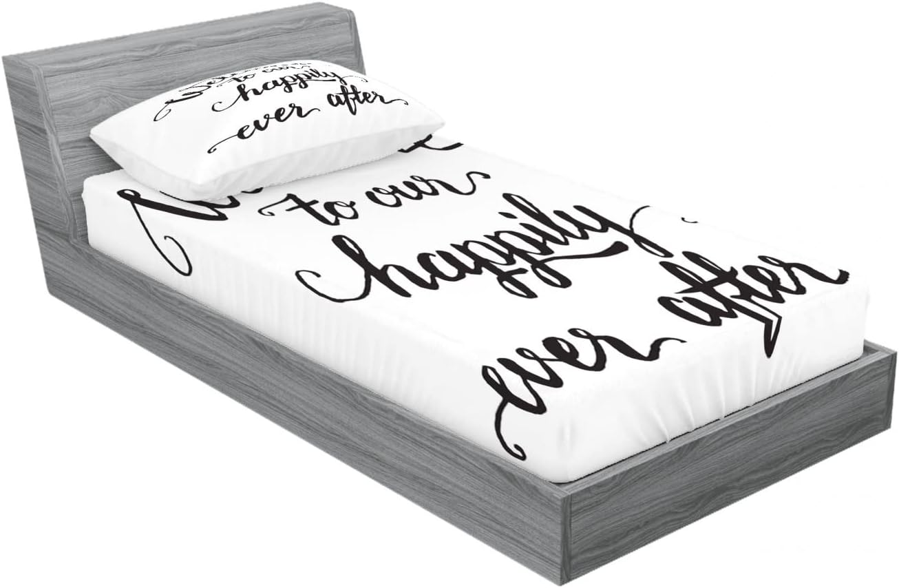 Ambesonne Saying Fitted Sheet & Pillow Sham Set, Vintage Fountain Pen Lettering Wedding Welcome to Our Happily Ever After, Decorative Printed 4