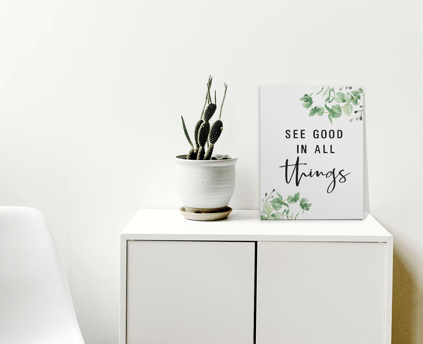 Lienzo enmarcado con citas inspiradoras, See Good In All Things, decoración de pared de 11 x 14 pulgadas, cita motivacional, hojas de eucalipto,