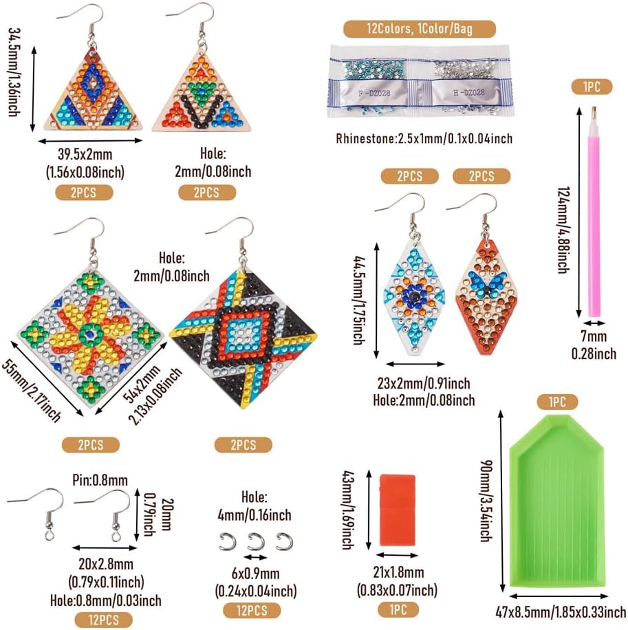 Boutigem Juego de 6 pares de aretes de pintura de diamante 5D Boho Hand Mosaic Art Earring Mandala Crystal Rhinestone Pendientes colgantes de doble