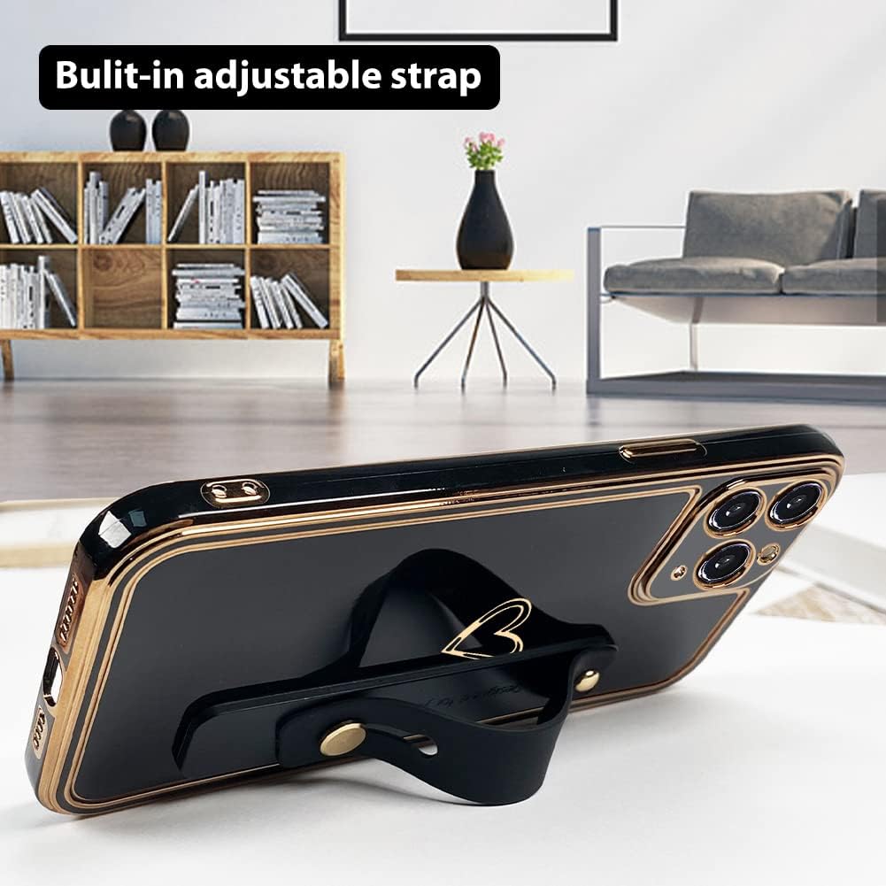 KANGHAR Funda diseñada para iPhone 11 Pro Max con correa para la muñeca, diseño de corazón chapado en oro, funda protectora delgada de cuerpo
