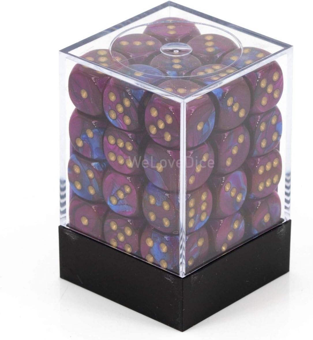Chessex Gemini – Dados de 6 caras, color azul y morado con pipas doradas, tamaño 0.472 in, bloque de dados de 36
