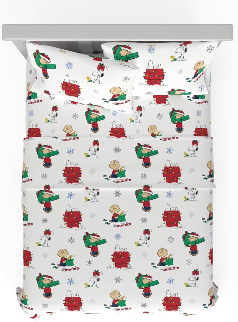 Franco Peanuts Charlie Brown & Snoopy – Juego de sábanas de franela de 100 % algodón súper suave, tamaño matrimonial, (producto oficial)