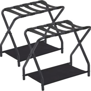 AMHANCIBLE Luggage Rack, Set of 2, Foldable Suitcase Stands for Guest Room, Metal Luggage Holder with Storage Shelf for Bedroom, Hotel, Easy AMHANCIBLE Luggage Rack, Set of 2, Foldable Suitcase Stands for Guest Room, Metal Luggage Holder with Storage Shelf for Bedroom, Hotel, Easy