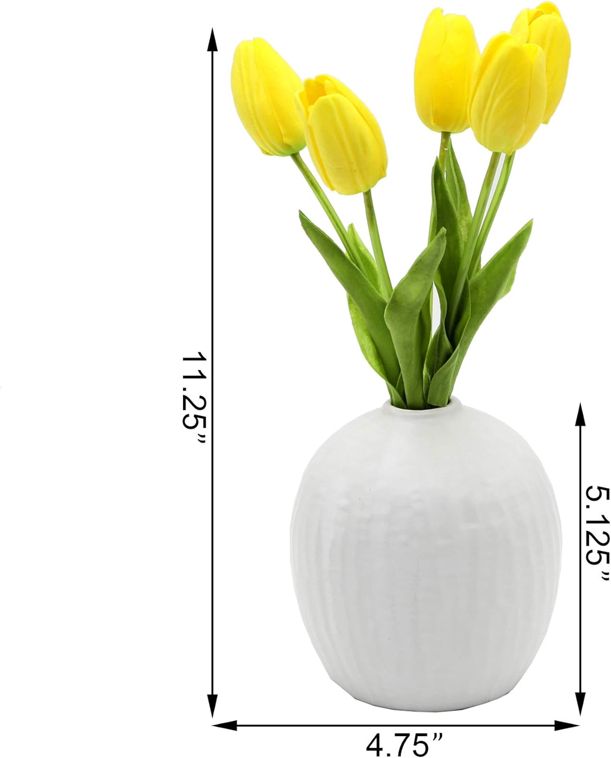 Flora Bunda Artificial Flowers Real Touch Yellow Tulips in 5 in H Ceramic Vase, 11.25 in H include. Matte White Vase, Potted Fake Tulips for Wedding