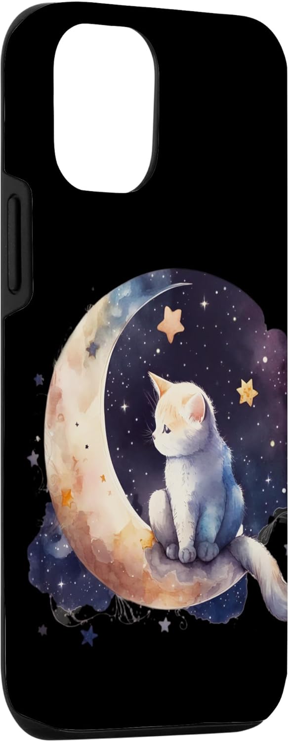 Funda para iPhone 13 con diseño de gato y luna creciente y fases lunares moradas