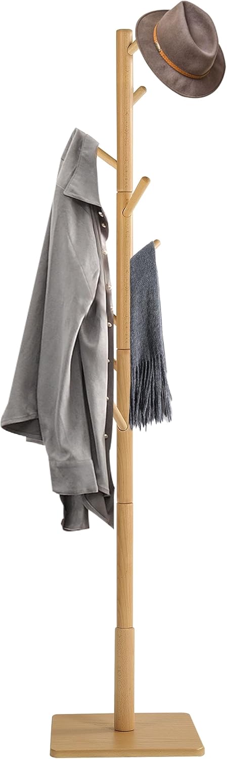 Yawinhe Perchero de pie, perchero de madera con 3 opciones de altura y 8 ganchos, base cuadrada resistente, perchero para pasillos, salas de estar,