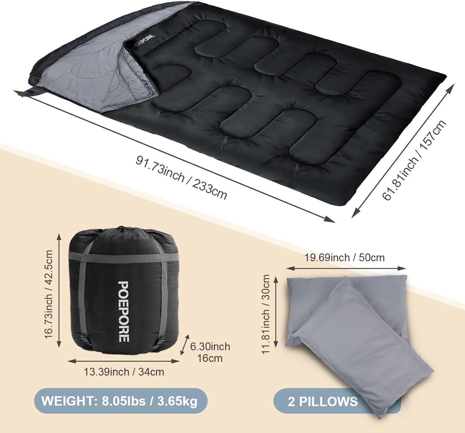 Saco de dormir doble de franela para adultos con 2 almohadas, sacos de dormir para 2 personas, camping, XXL, tamaño Queen, saco de dormir para dos