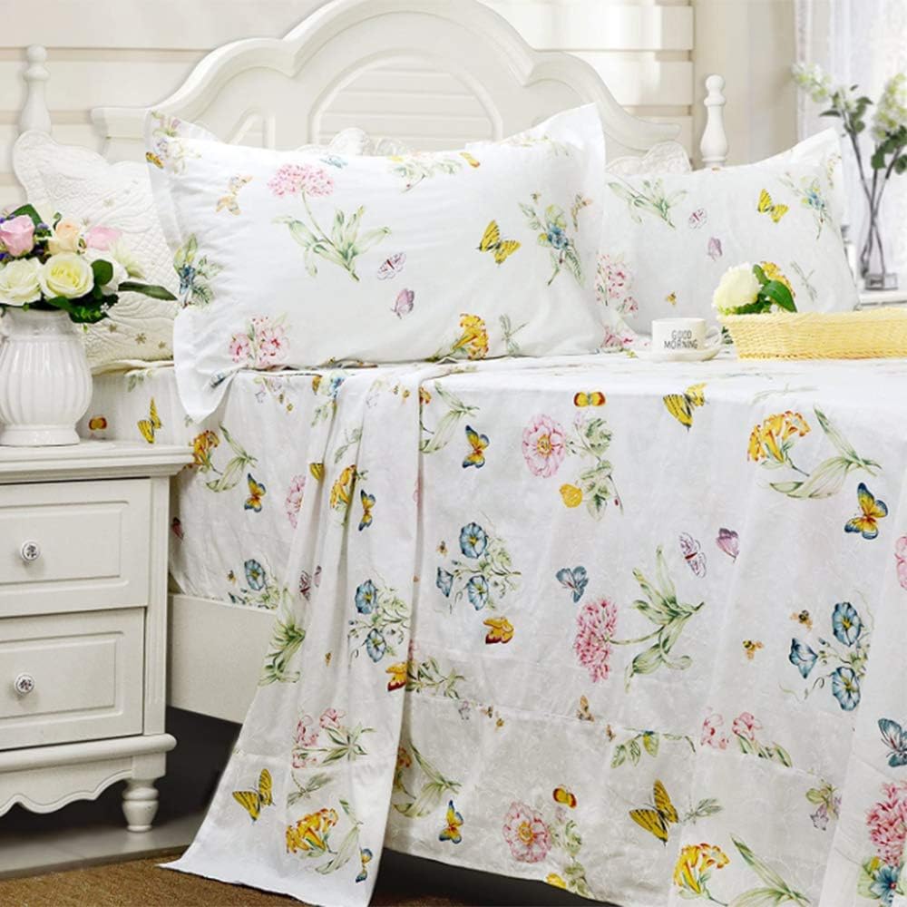 Juego de sábanas florales blancas tamaño Queen, 100% algodón, 600 hilos, diseño floral desgastado con estampado de mariposas, bolsillo profundo,