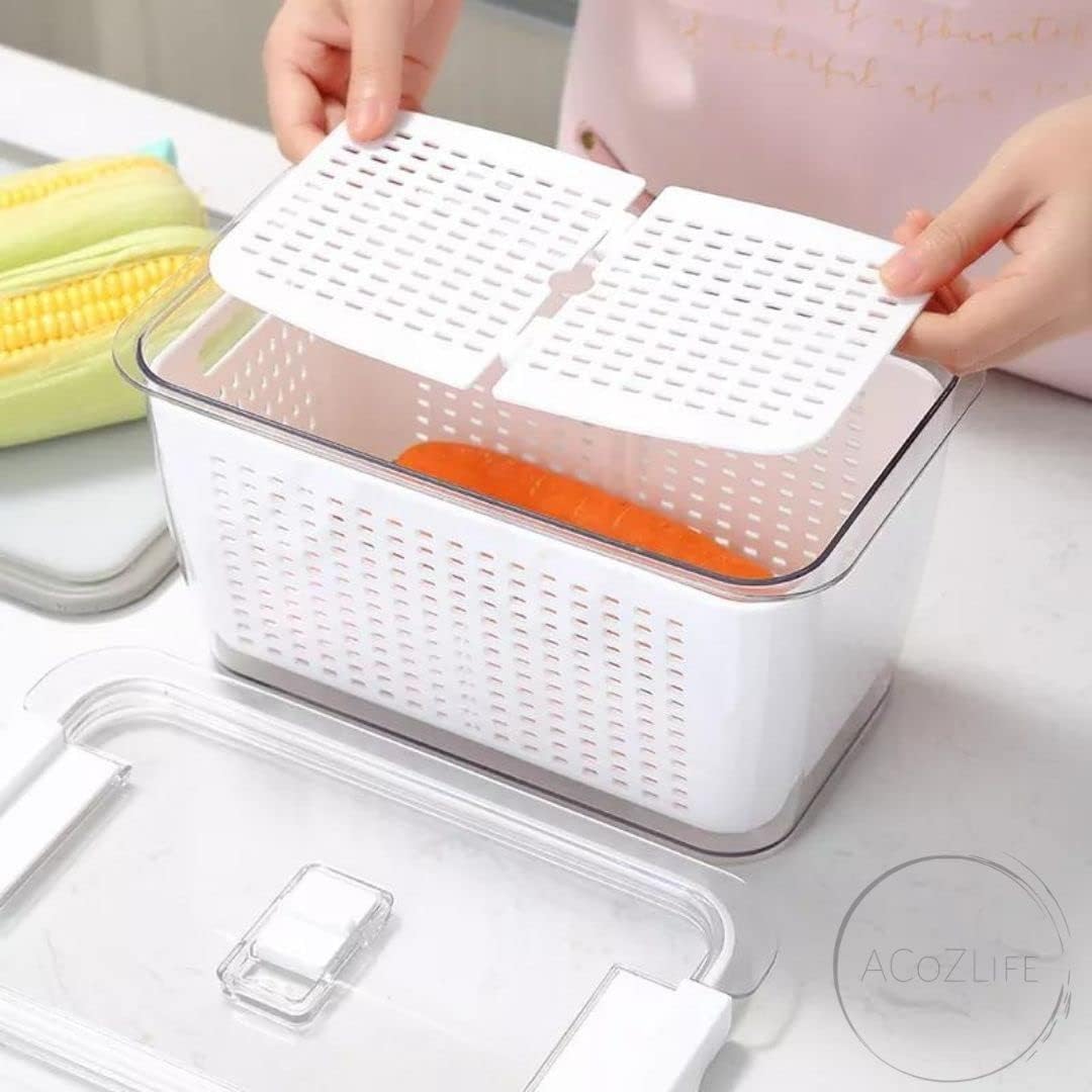Contenedor de almacenamiento para refrigerador de cocina, paquete de 2 con cestas de drenaje y tapas