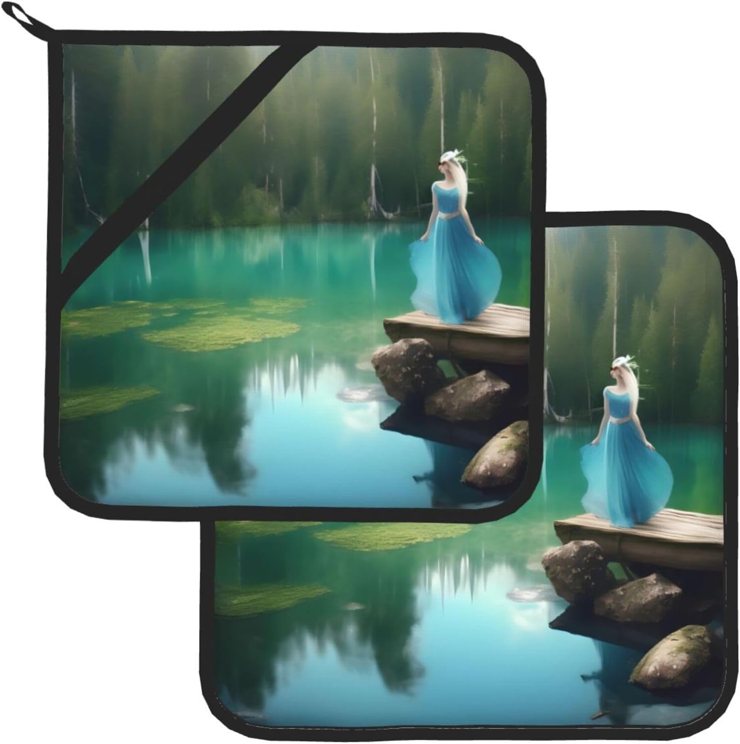 Juego de almohadillas calientes de 8 x 8 pulgadas con estampado de hadas de lago, antideslizante, resistente al calor, para hornear y cocinar