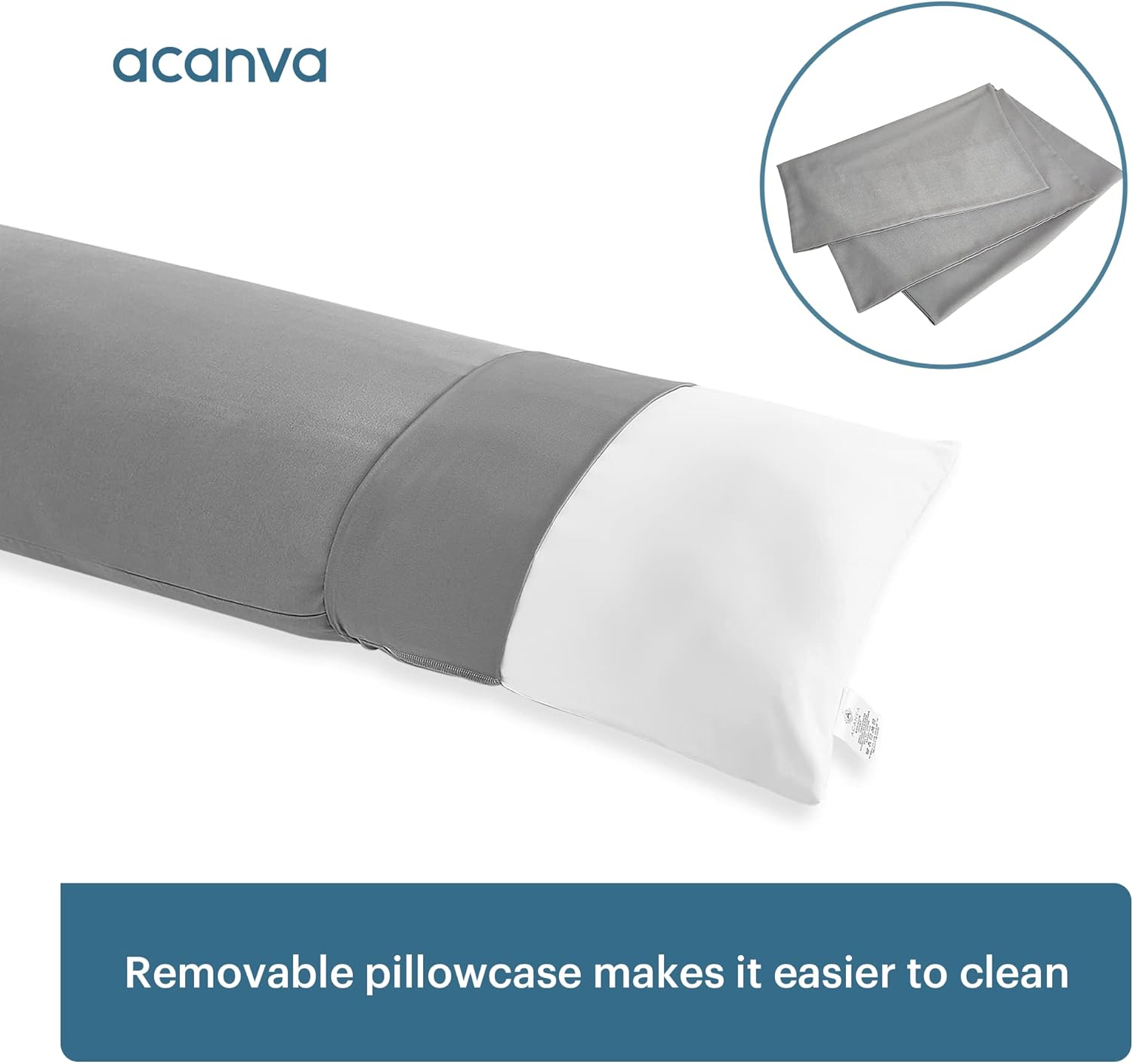 Acanva Almohada de cuerpo para dormir de lado esponjoso, 20 x 60 pulgadas, con funda de almohada gris, color blanco