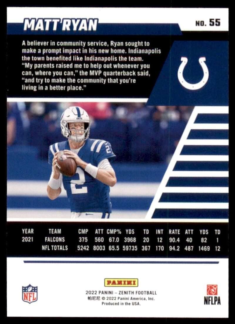 2022 Panini Zenith Retail #55 Matt Ryan Indianapolis Colts NFL Football Card NM-MT