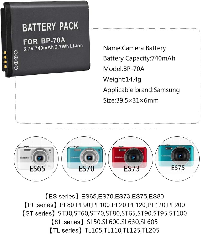 Paquete de 3 baterías de repuesto BP-70A con cargador para Samsung BP70A BP 70A WB30F, WB35F, WB50F, DV150F, ST150F, MV800, ES65, ES67, ES70, ES71,
