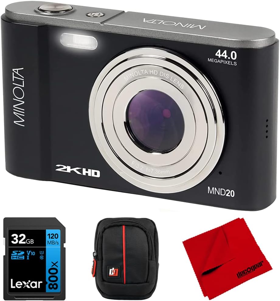 Minolta MND20-BK – Cámara digital Ultra HD de 44 MP 2.7K, paquete negro con tarjeta de memoria Lexar UHS-I SDHC de 32 GB, funda para cámara Deco