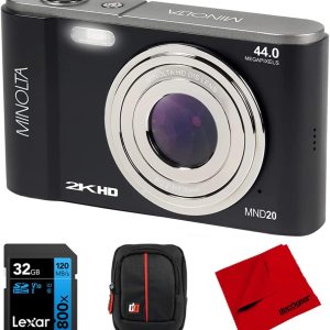 Minolta MND20-BK – Cámara digital Ultra HD de 44 MP 2.7K, paquete negro con tarjeta de memoria Lexar UHS-I SDHC de 32 GB, funda para cámara Deco Minolta MND20-BK – Cámara digital Ultra HD de 44 MP 2.7K, paquete negro con tarjeta de memoria Lexar UHS-I SDHC de 32 GB, funda para cámara Deco
