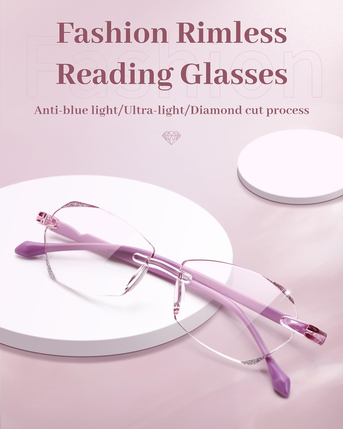 LUFF Anteojos de lectura antiluz azul sin montura para mujer, elegantes lentes de lectura sin marco con borde cortado de diamante, lectores de metal