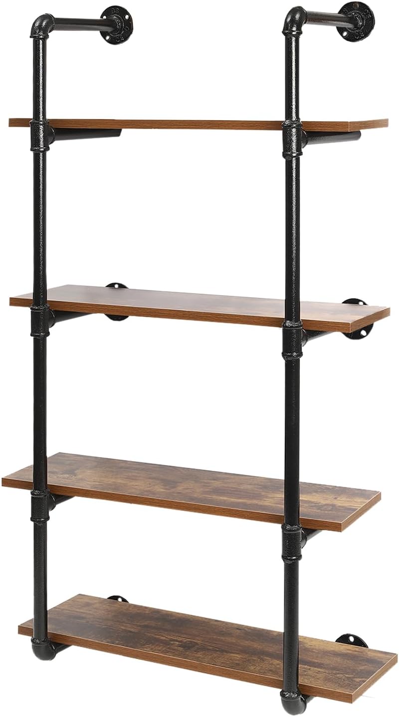 EurHomePlus Estantes flotantes de metal de 4 niveles para montar en la pared, estantería abierta, estantes de madera real Steampunk, estante de