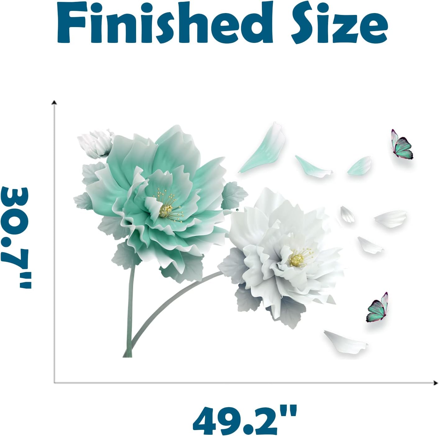 RoyoLam Calcomanías de pared grandes de flores cian, pétalos, mariposas, calcomanías de pared florales para sala de estar, removibles, despegar y