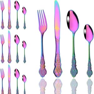 JASHII Juego de cubiertos de palacio multicolor de 24 piezas, pulido con espejo, utensilios de cocina de acero inoxidable para 6, patrón elegante JASHII Juego de cubiertos de palacio multicolor de 24 piezas, pulido con espejo, utensilios de cocina de acero inoxidable para 6, patrón elegante