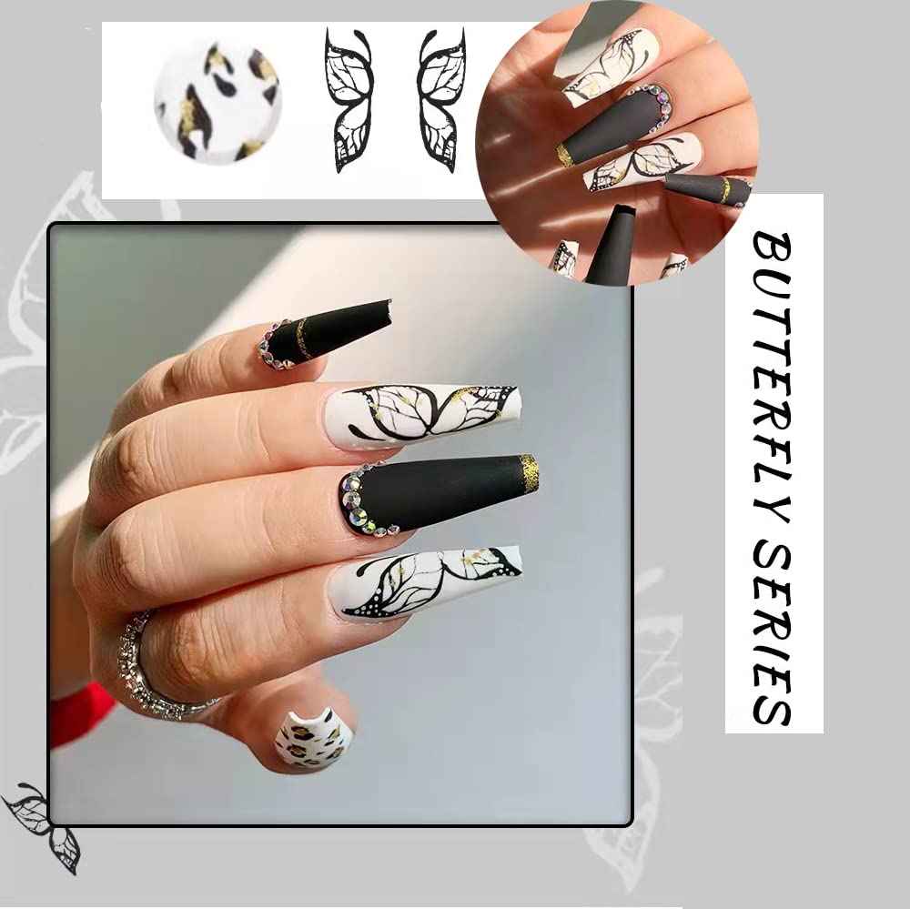 Magrace Uñas postizas largas a presión con diseño de ataúd con diseños de mariposas negras, lepoard, uñas acrílicas de ballet francés, 24 piezas de