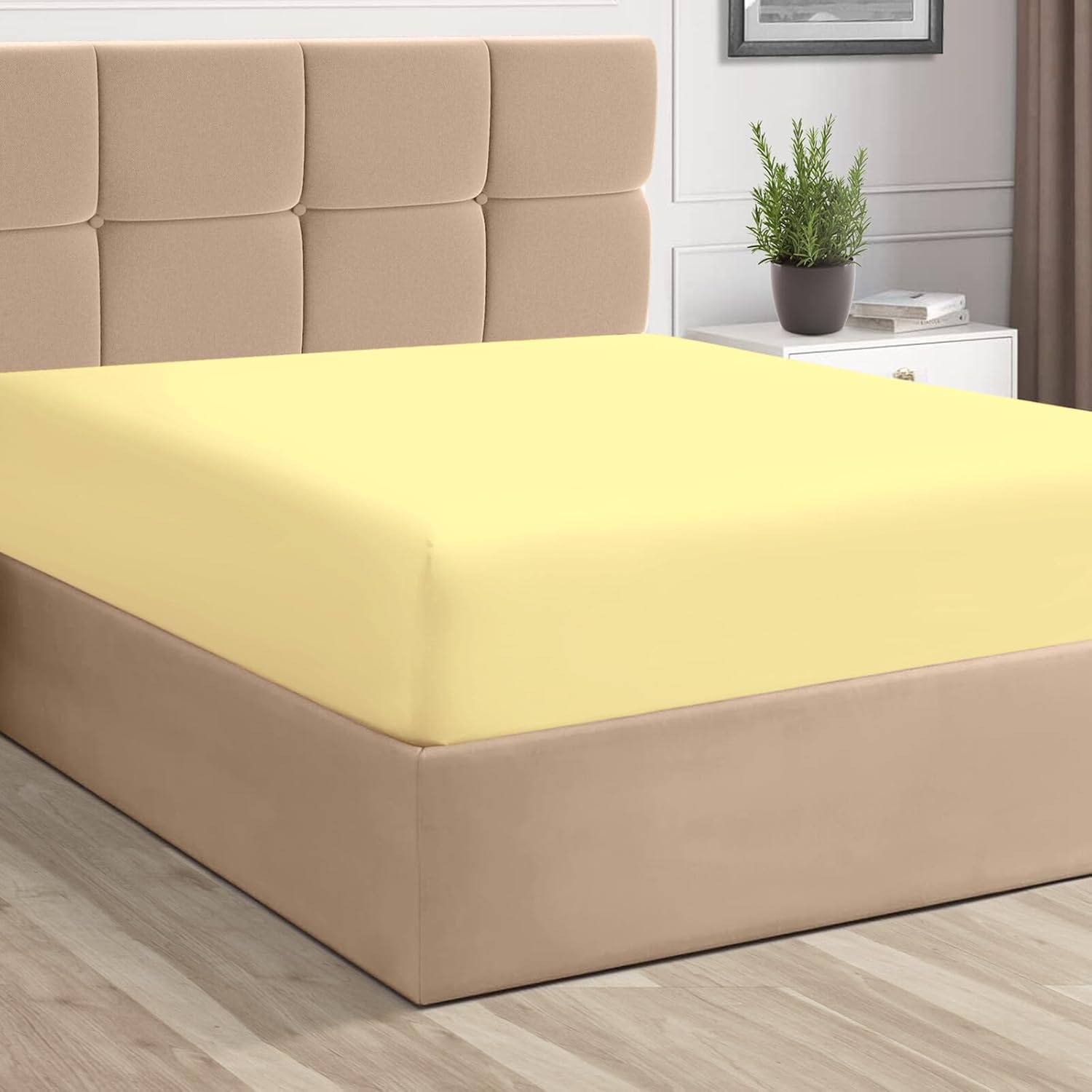 Pizuna Sábana bajera ajustable 100% algodón puro tamaño individual, color amarillo suave, lujosa de 400 hilos de algodón de fibra larga, satén de 15