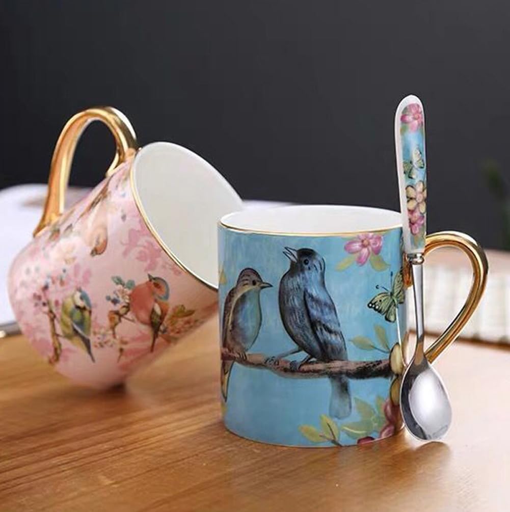 Taza de café de porcelana de porcelana para el hogar, cocina, oficina, patrones de pájaros (rosa)