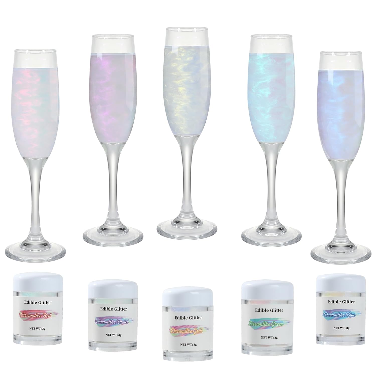 SkyVue – Juego de 5 colores comestibles con purpurina y purpurina comestible, polvo iridiscente, vegano, sin gluten, sin nueces, arco iris, polvo