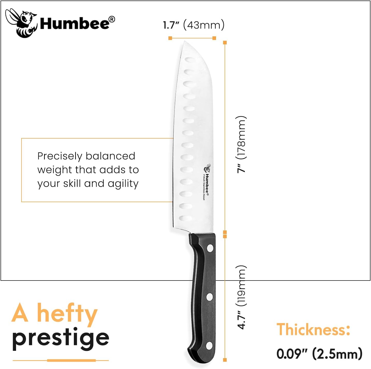 Humbee, Cuchillo Santoku de acero inoxidable de 7.5 pulgadas, cuchillo de chef japonés ultra afilado, cuchillo de cocina de agarre cómodo