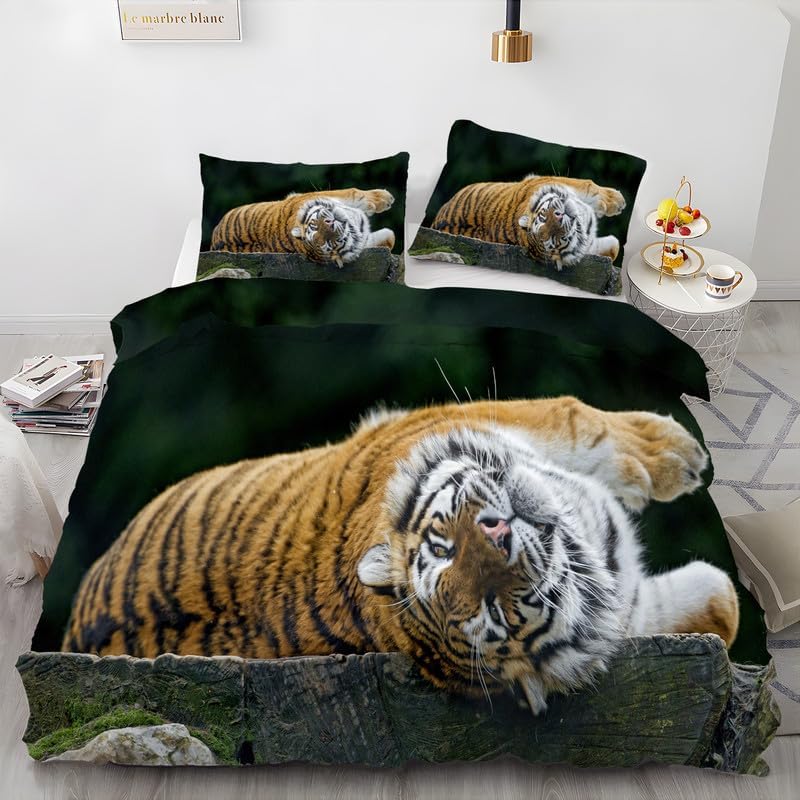 Animal Dark Green California King Duvet Cover Tiger Print Bedding Soft Microfiber Comforter Cover and 2 Pillow Shams 20″X36″, Bed Set Duvet Covers