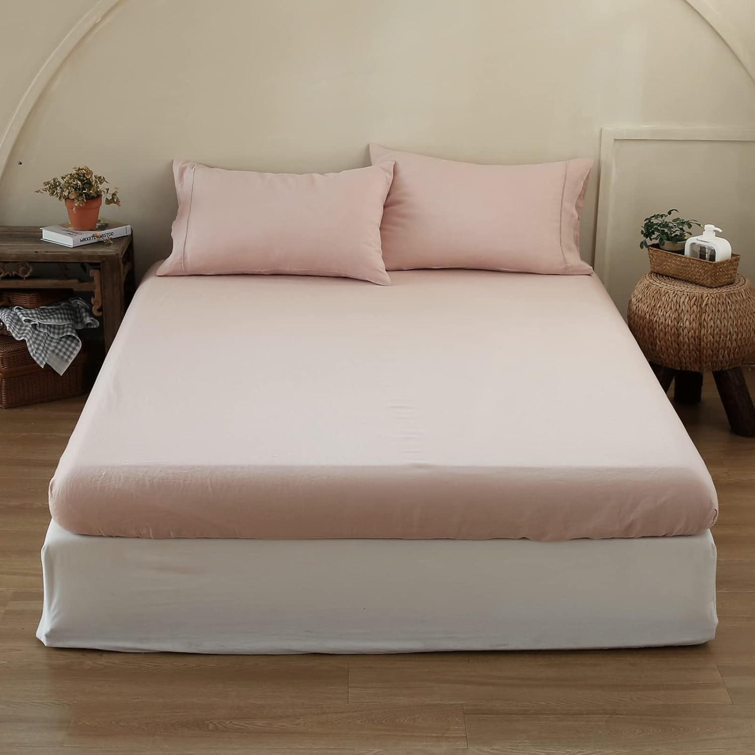 King Linens Sábana bajera de 100 % lino lavado a la piedra, color sólido  (1 pieza) funda de colchón de 14 pulgadas de profundidad suave, natural y