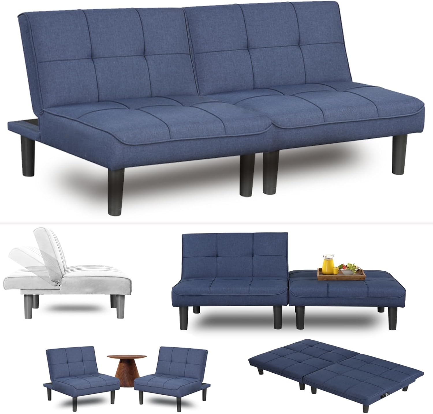 Sofá cama convertible 3 en 1 tamaño individual, sofá biplaza futón con respaldo plegable ajustable sin espalda, 2 piezas pequeñas futón sillas para