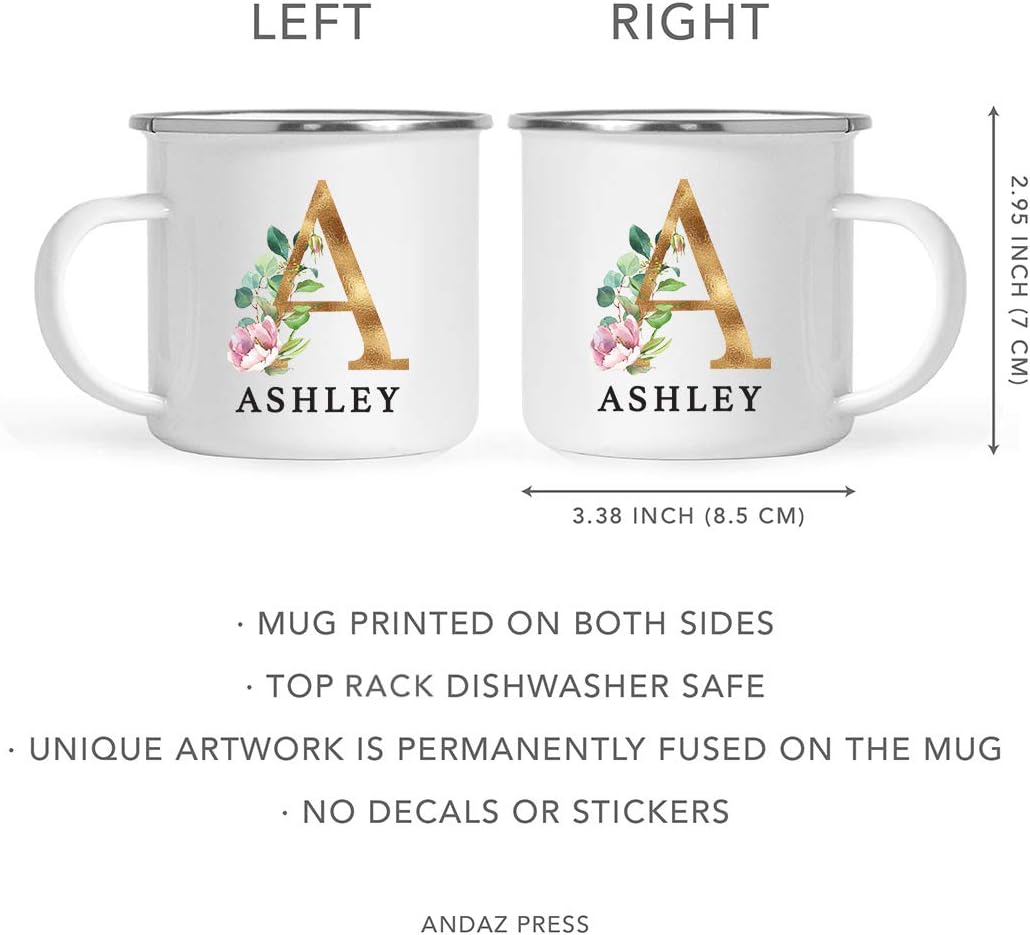 Andaz Press Taza de té personalizada de acero inoxidable de 11 onzas, regalo de taza de café con monograma de floración exuberante, nombre