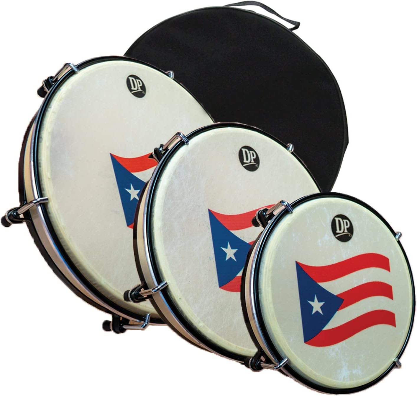 DP Music Set de Panderos – Marco de madera Pleneras Tambores con bandera de Puerto Rico – Estuche de transporte de nailon incluido