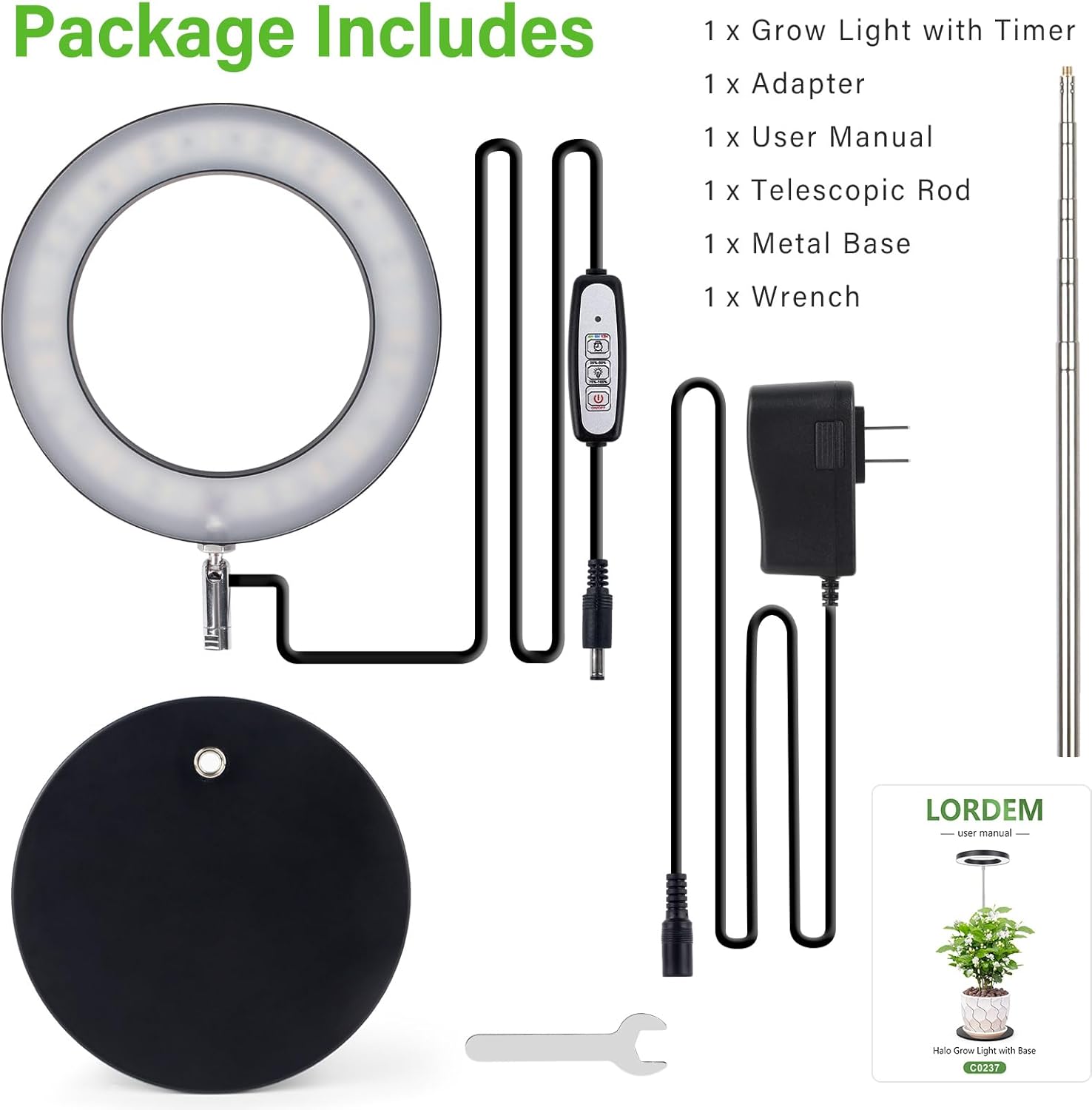 LORDEM Luz de crecimiento, luz LED para plantas de interior, lámpara de crecimiento de escritorio de espectro completo con temporizador automático
