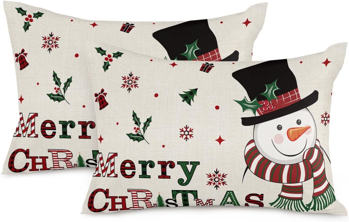 Juego de 2 fundas de almohada de lino con diseño de muñeco de nieve, árbol de Navidad, copos de nieve, rústicas, de 12 x 20 pulgadas, fundas de