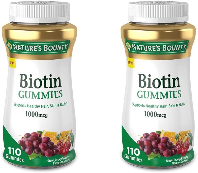 Nature’s Bounty Biotina, suplemento vitamínico, apoya la salud del cabello, la piel y las uñas, gomitas con sabor a frutas, 1000 mcg, 110 unidades