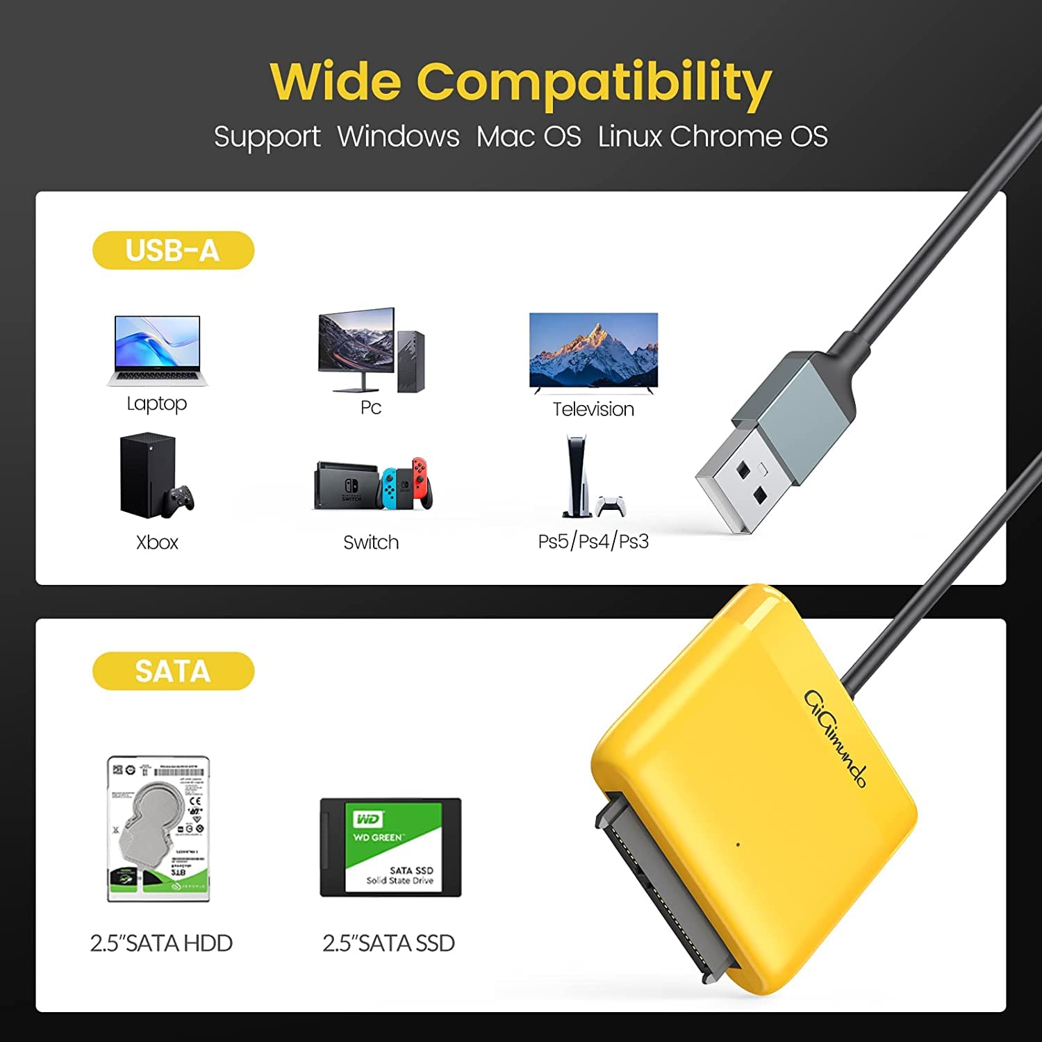 Adaptador SATA a USB 2.0, cable SATA a USB de 1 pie para SSD y HDD de 2.5 pulgadas compatible con UASP, convertidor externo para transferencia de