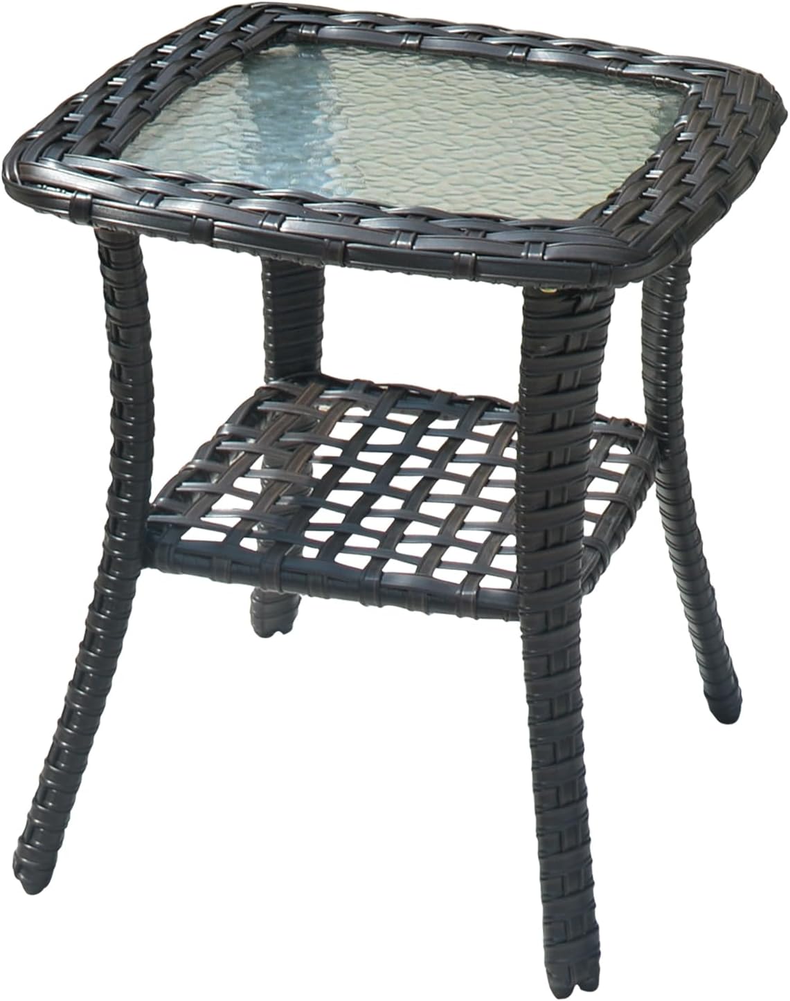 OVIOS Mesa de centro de mimbre de ratán para exteriores con parte superior de cristal, mesa auxiliar para exteriores, balcón, terraza, mimbre marrón