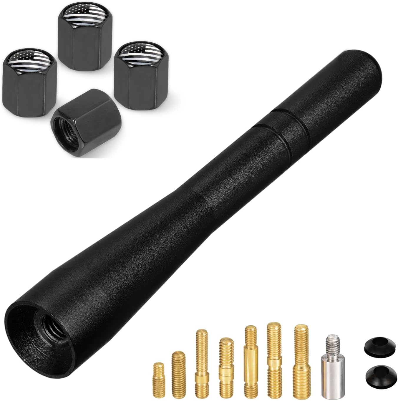 Mini antena de radio de coche de 4 pulgadas de repuesto de antena corta con tapas de vástago de válvula para Chevrolet Dodge Car Pickup Truck (negro)