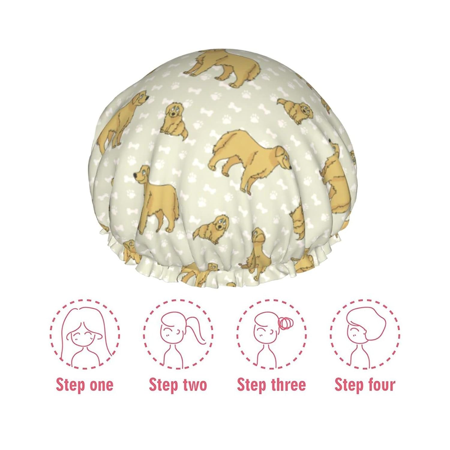 Golden Retriever Dogs Pattern Shower Caps Reusable Bath Cap Double Layers Waterproof Shower Cap for Women Long Hair