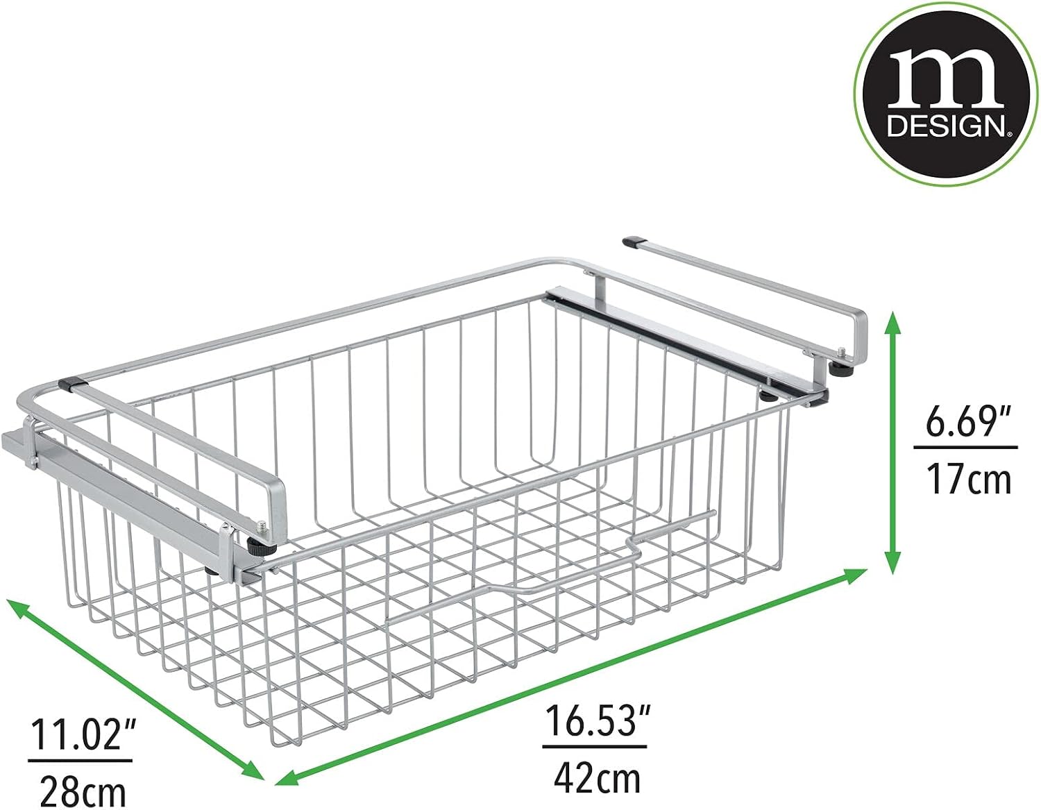 mDesign Cesta grande de alambre de metal para colgar en cajón, organizador de almacenamiento deslizante debajo del estante, se fija a la estantería,