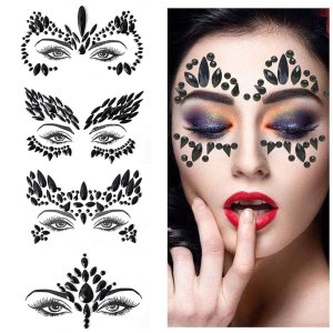 Paquete de 4 calcomanías de cristal negro para Halloween, tatuajes faciales, diseño de festival de Halloween, diseño de cara de sirena, diamantes de Paquete de 4 calcomanías de cristal negro para Halloween, tatuajes faciales, diseño de festival de Halloween, diseño de cara de sirena, diamantes de
